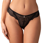 An alternate view of the Iliosa black Brazilian lace panties, with a slim strap and silver accents