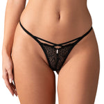 An alternate view of the Iliosa black lace thong, with delicate trims along the lace front
