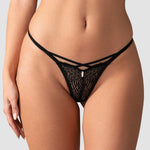 The Iliosa black lace thong with a silver-tone chain detail