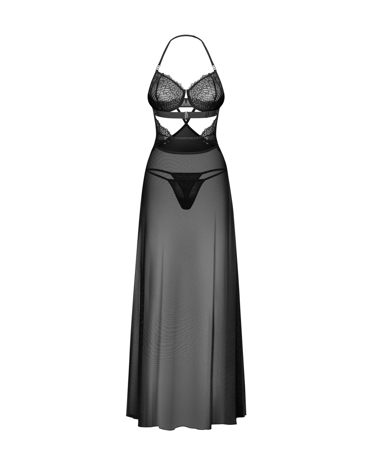 An additional view of the Iliosa black tulle chemise and thong