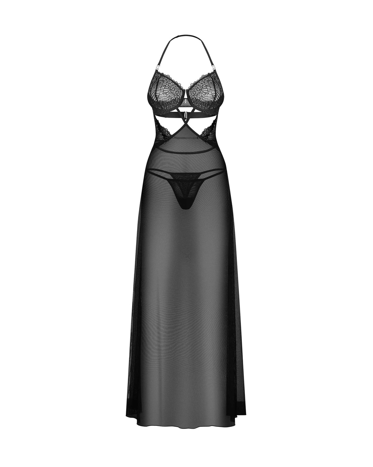 The Iliosa black tulle chemise and thong, featuring a halter neck strap