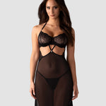 The Iliosa black tulle chemise and thong with rich lace embellishments