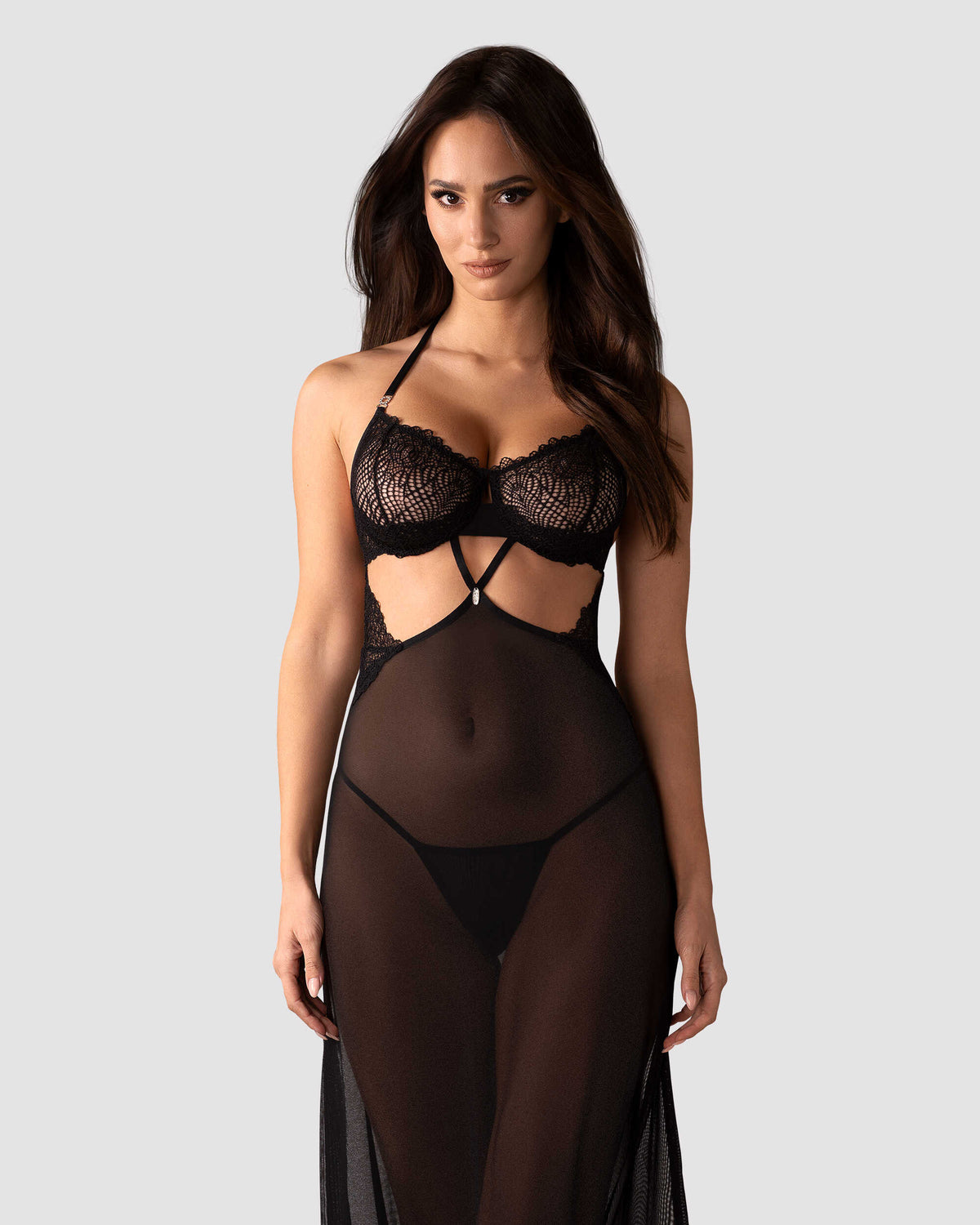 The Iliosa black tulle chemise and thong with rich lace embellishments