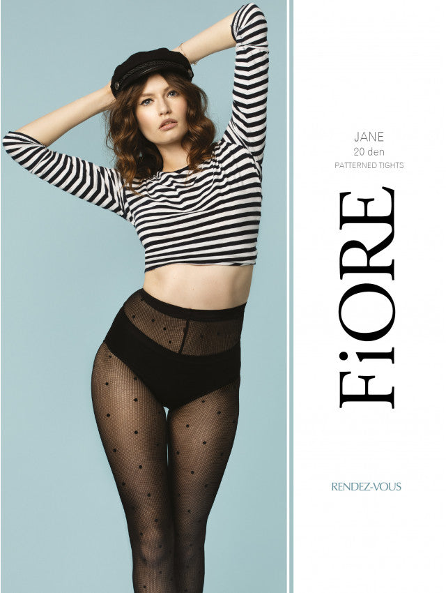 Jane black 20 denier dotted stockings with flat seams and invisibly reinforced toes