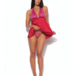 Alternate view of the raspberry lace and satin halter babydoll