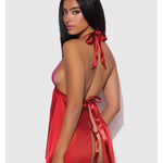 Raspberry lace and satin halter babydoll with a flyaway skirt and matching G-string