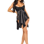 The Julieta black satin and lace chemise with matching satin panties