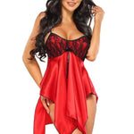 An alternate view of the Julieta red satin and lace chemise, with adjustable straps