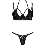 The Keira Lise black latex-look bra and thong set seen from another angle