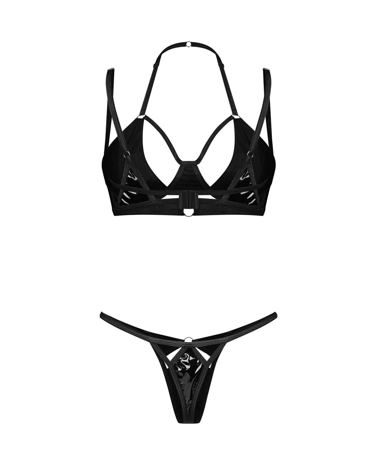 The Keira Lise black latex-look bra and thong set seen from another angle