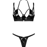 The Keira Lise black latex-look bra and thong set with daring cutouts on the thong