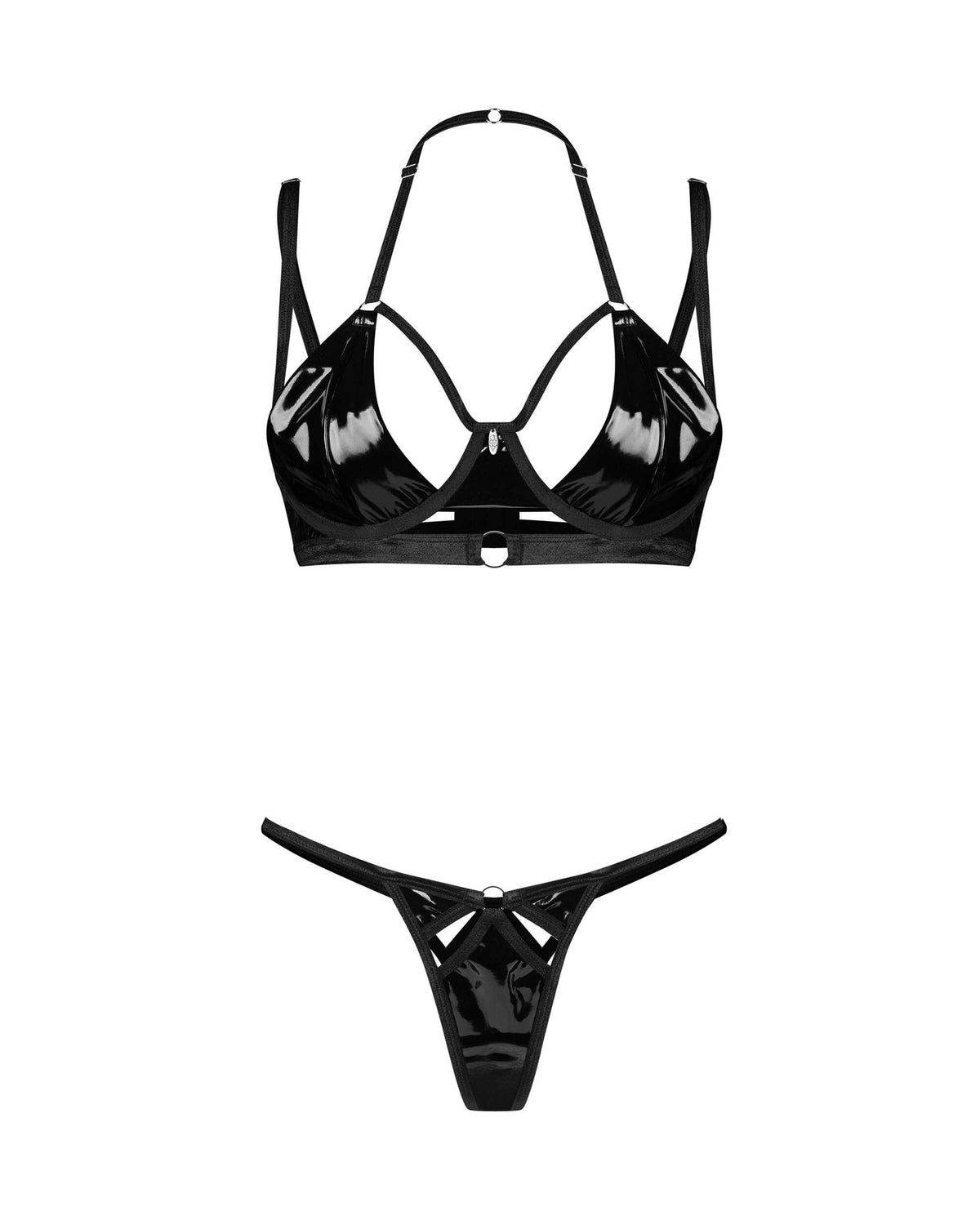 The Keira Lise black latex-look bra and thong set with daring cutouts on the thong