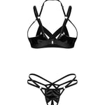 The Keira Lise black latex-look crotchless set with a front closure between the cups