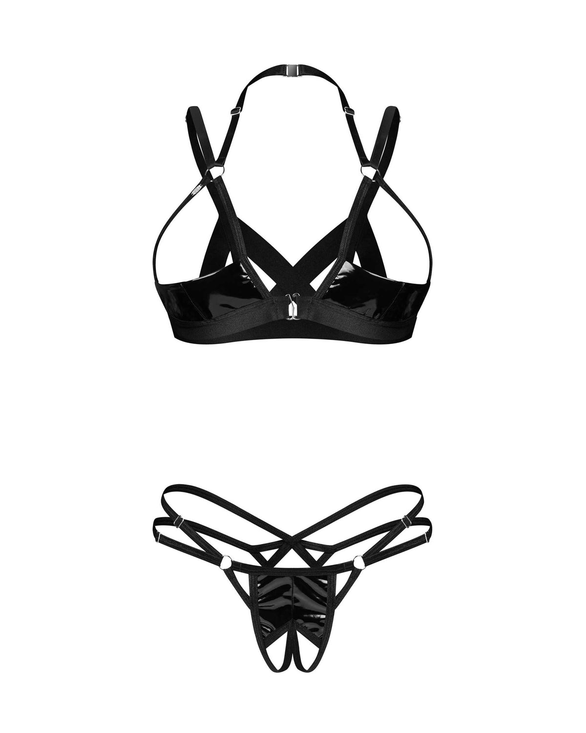 The Keira Lise black latex-look crotchless set with a front closure between the cups