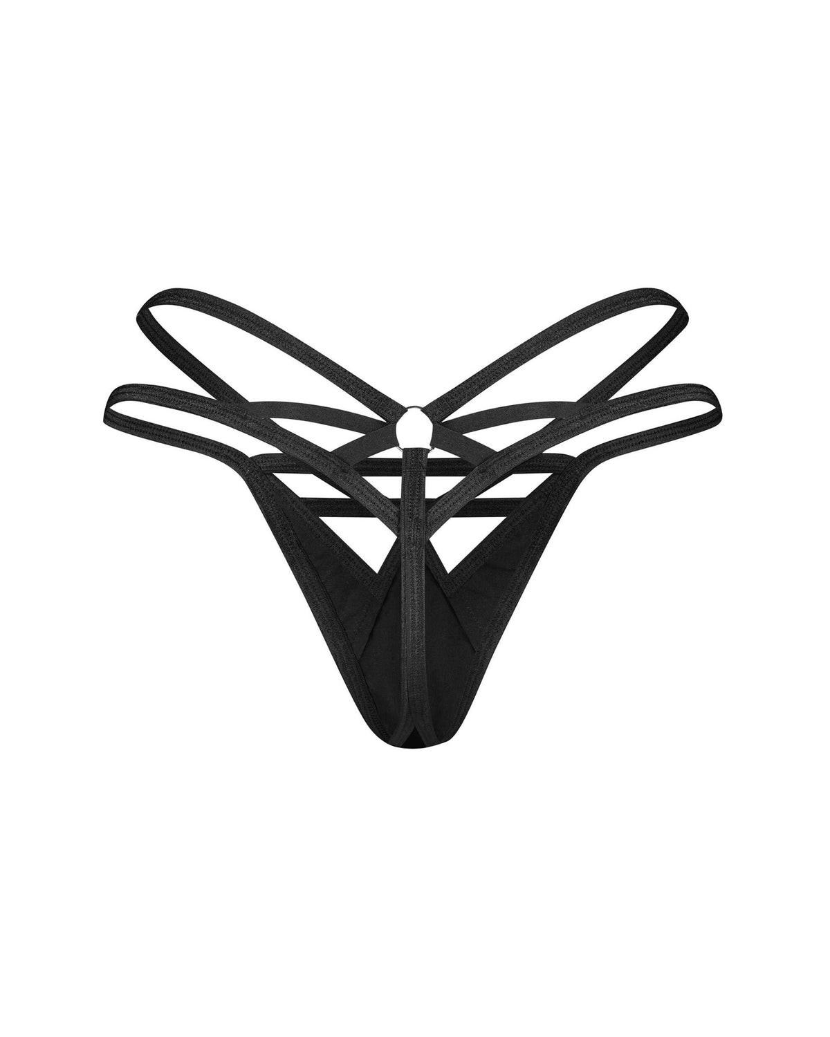 The Keira Lise black latex-look thong with decorative geometric straps