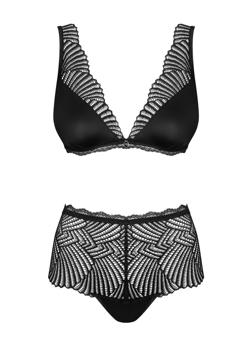 The Klarita black satin bra and briefs set, shown in an alternate image