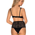 An alternate view of the Klarita black satin bra and briefs set, with a lace centerpiece on the bra