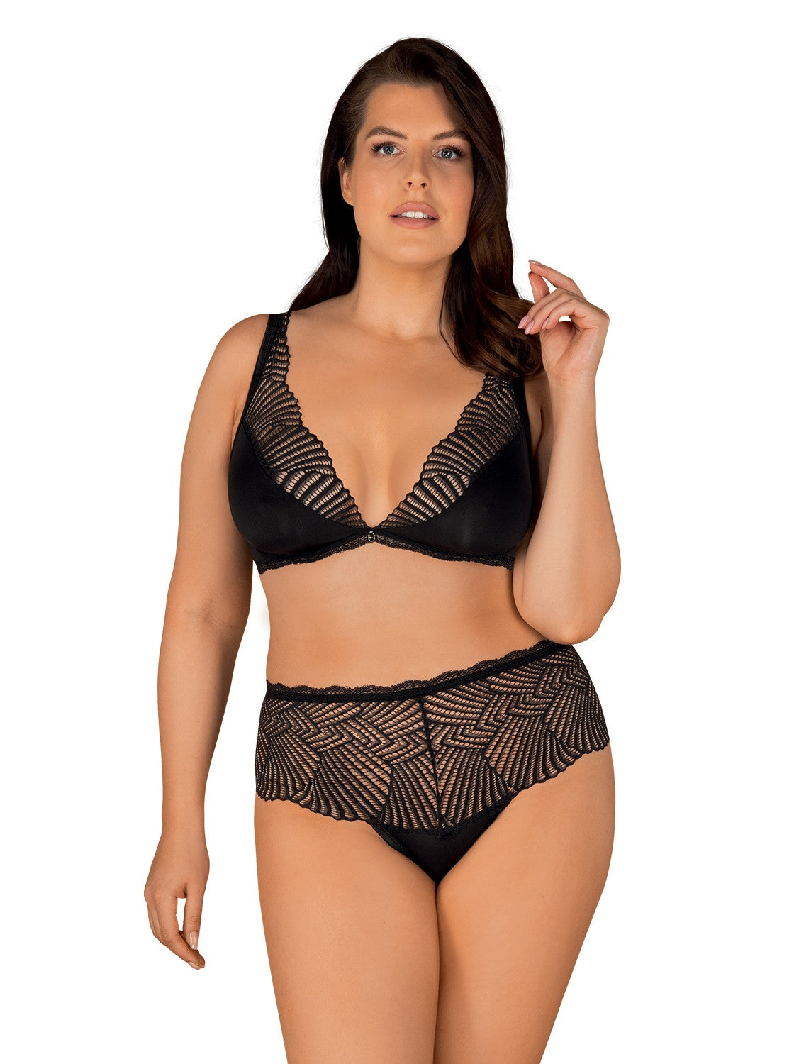 The Klarita black satin bra and briefs set seen from another angle