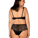The Klarita black satin bra and briefs set with high-waisted briefs with lace edge