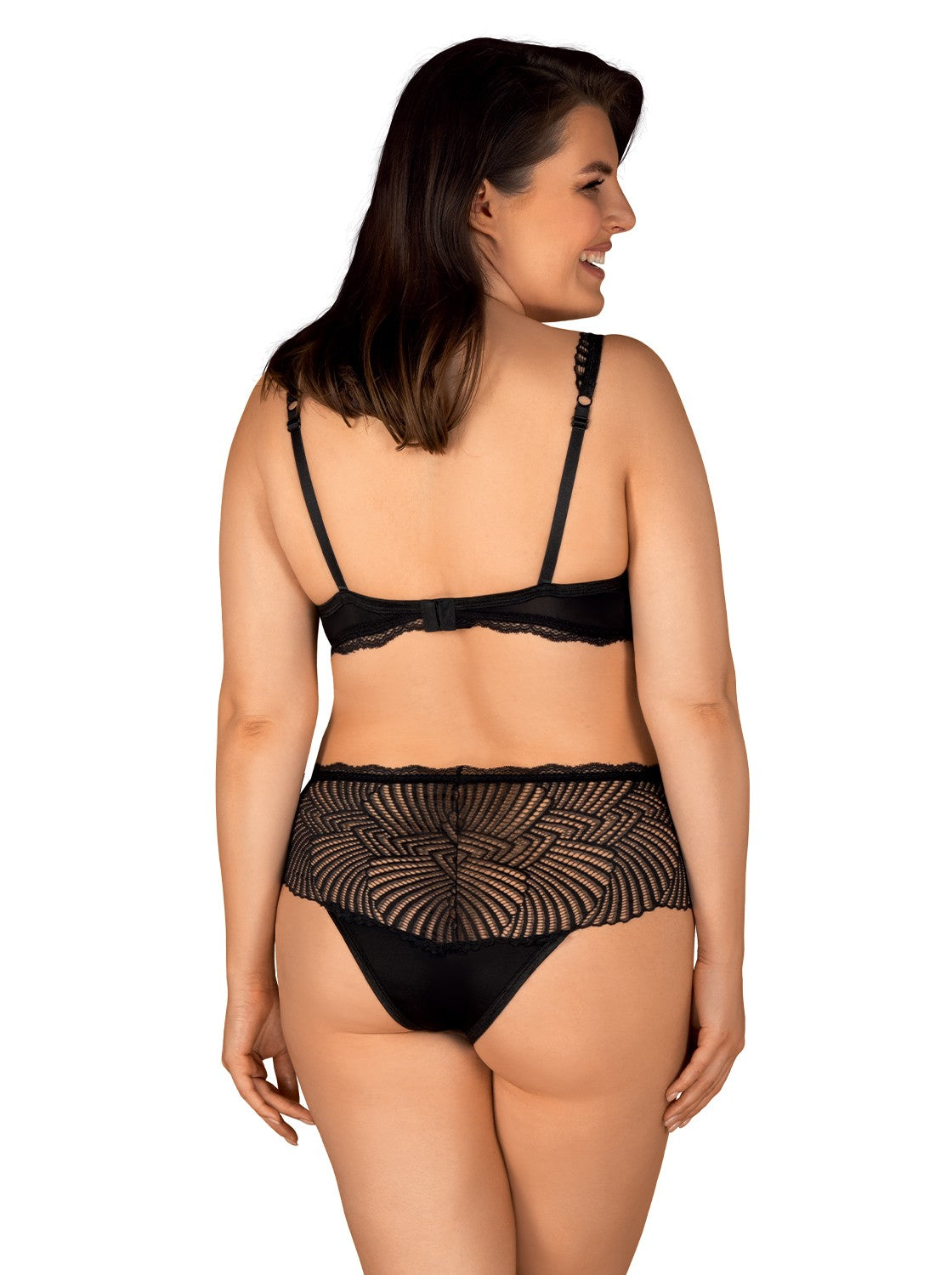 The Klarita black satin bra and briefs set with high-waisted briefs with lace edge