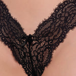 Black sheer lace V-thong with a flattering V-shaped silhouette