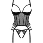 The Lanelia black mesh corset, featuring an open-crotch thong