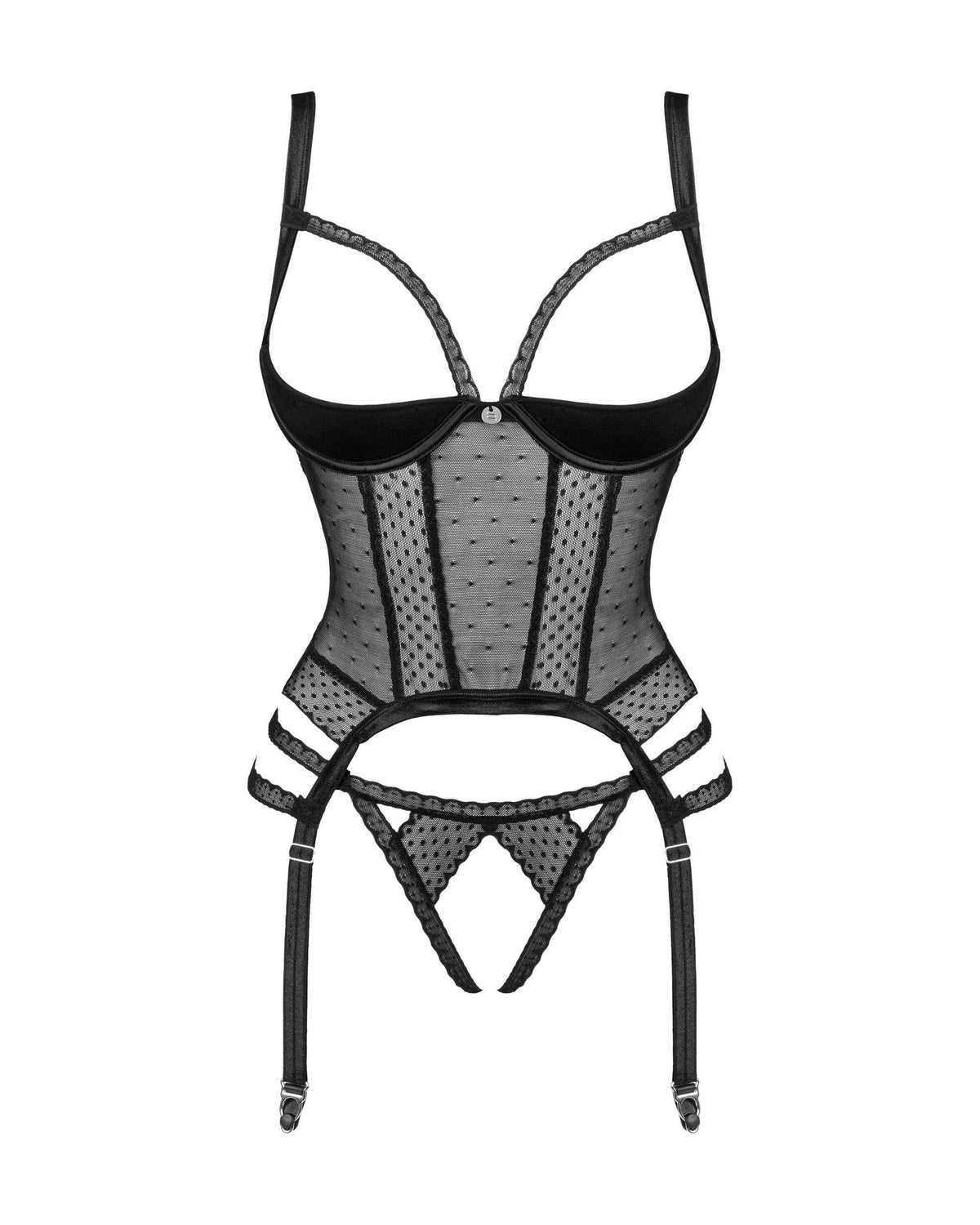 The Lanelia black mesh corset, featuring an open-crotch thong
