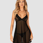 The Latinesa black babydoll and thong, featuring adjustable straps