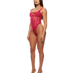Pink mesh and knit teddy with an overlapping front clasp mesh panel