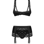 The Lecille black lace crotchless set, featuring stretchy patterned lace
