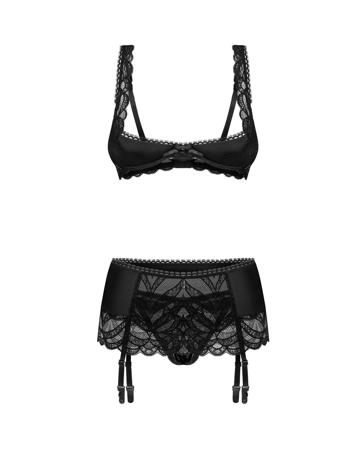 The Lecille black lace crotchless set, featuring stretchy patterned lace
