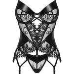 An additional view of the Leonela black lace and wet-look corset