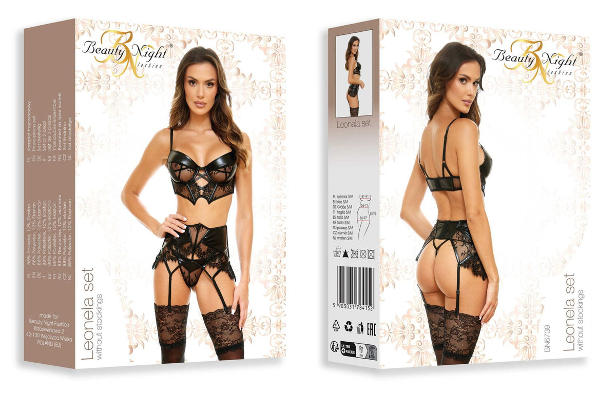 A different perspective on the Leonela black lace and wet-look lingerie set