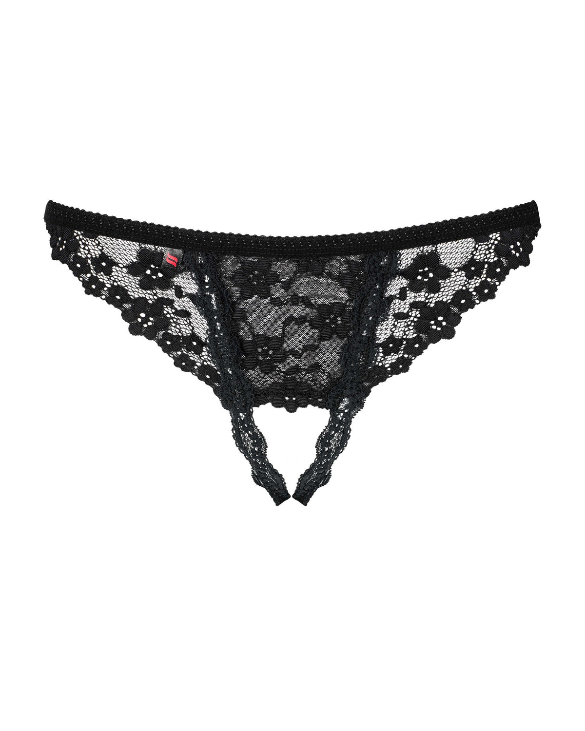 An additional view of the Letica black flowery lace crotchless thong