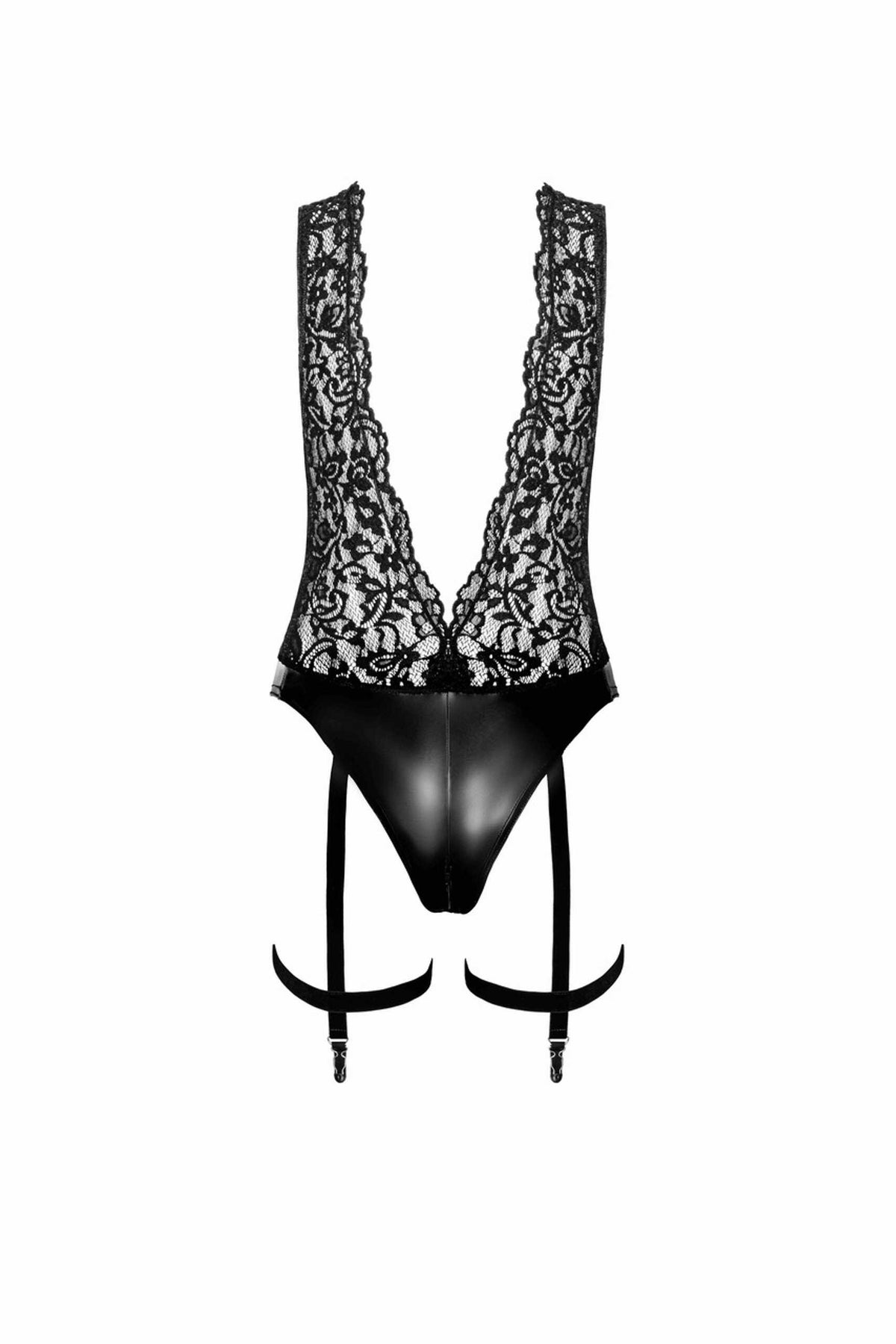 An additional view of the Libido black lace and wetlook bodysuit