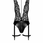 The Libido black lace and wetlook bodysuit, featuring a plunging lace neckline