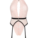 The Lilines pink and black lace teddy, featuring jewelry pendants at bust and waist