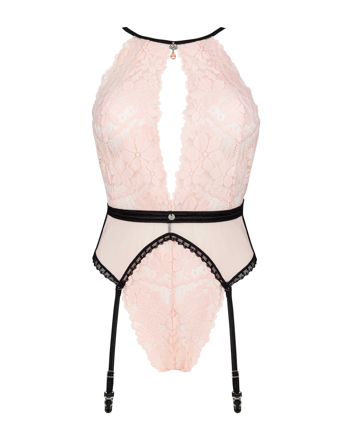 The Lilines pink and black lace teddy, featuring jewelry pendants at bust and waist