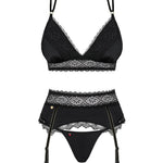 The Lolitte black velvet garter set, featuring a garter belt with lacing and golden rings