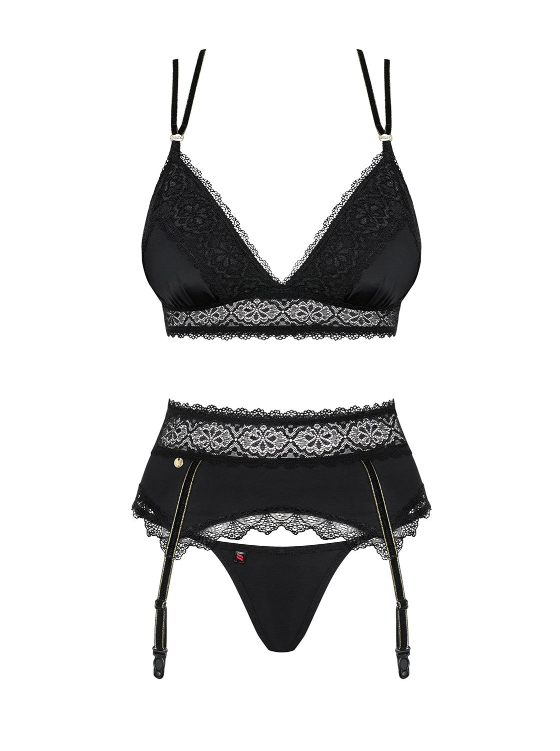 The Lolitte black velvet garter set, featuring a garter belt with lacing and golden rings