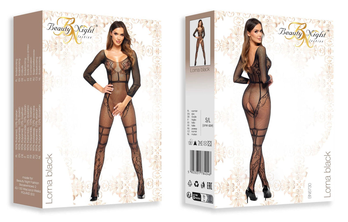 An additional view of the Lorna black floral fishnet bodystocking