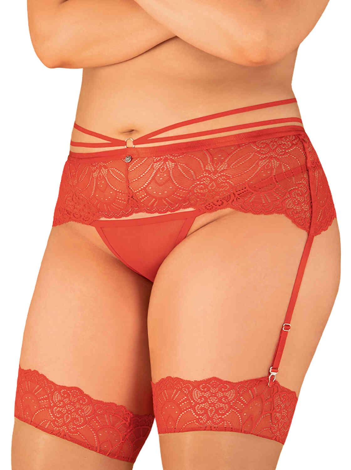 The Loventy red lace garter belt, featuring a gleaming front pendant