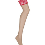 The Lovica red and nude lace stockings seen from another angle