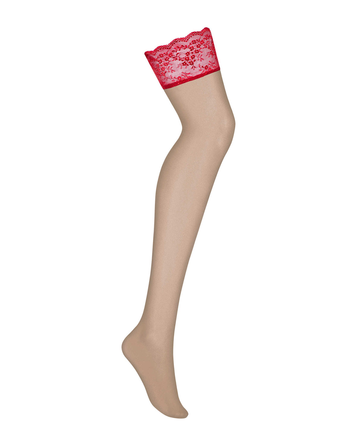 The Lovica red and nude lace stockings seen from another angle