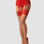 The Lovica red and nude lace stockings with red floral lace on the thighs