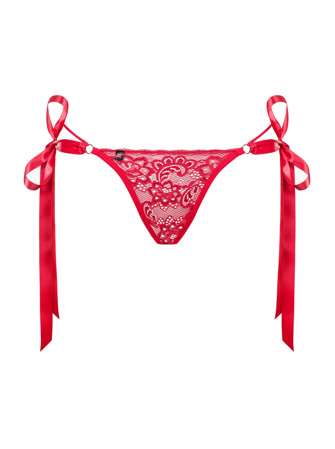The Lovlea red lace ribbon thong, shown in an alternate image