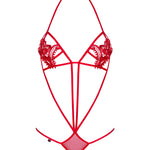 The Luiza red embroidered teddy, featuring strategic cutouts