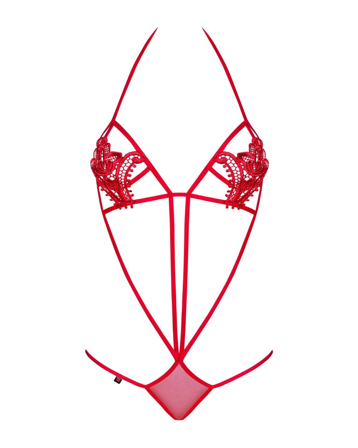 The Luiza red embroidered teddy, featuring strategic cutouts