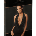 An additional view of the Luminara black shimmer halter mini dress