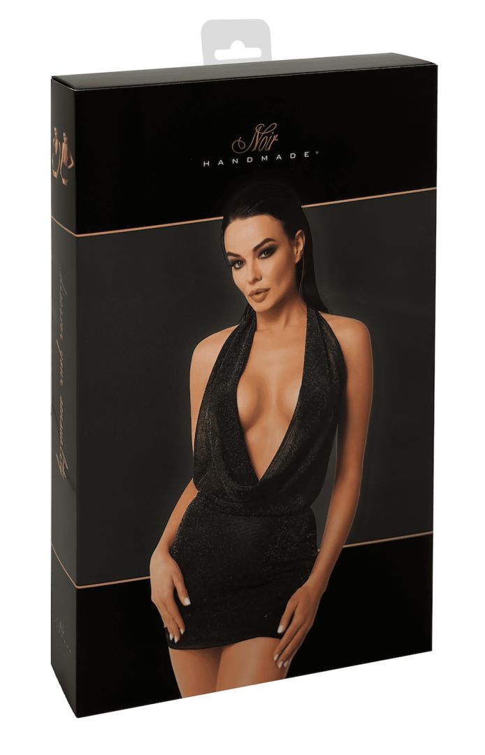 An additional view of the Luminara black shimmer halter mini dress